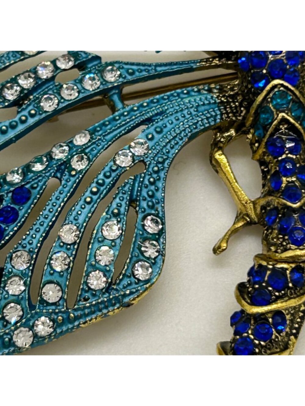 Dragonfly Brooch Articulated Tail Blue Teal Rhinestones Statement 5 inch Insect - Picture 11 of 16
